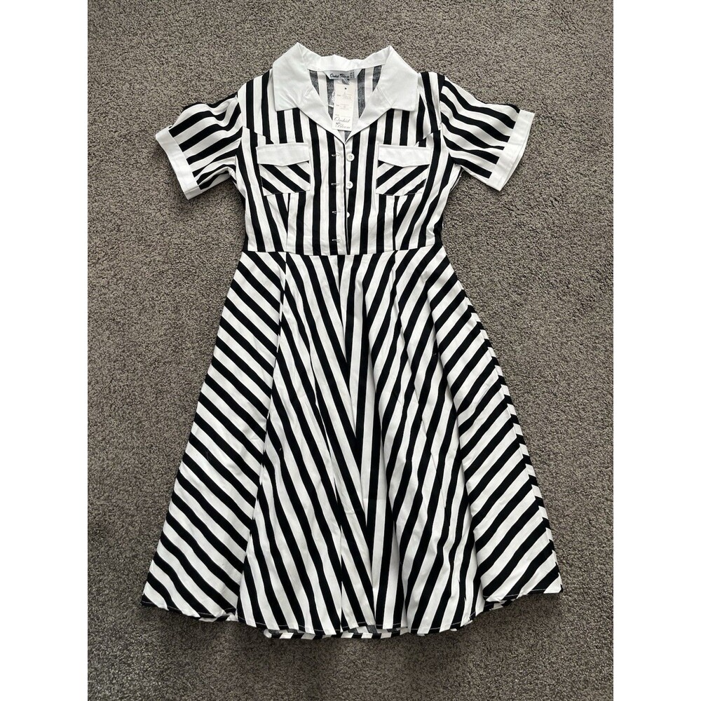 Orchid Bloom Stripe Swing Dress Size 12 Retro 50s Beetlejuice Halloween Gothic